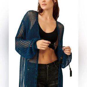 Free People Teal Open Knit Sweater 100% Cotton